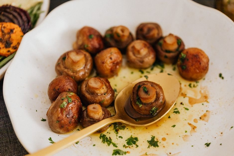 Plated vegetarian stuffed mushroom