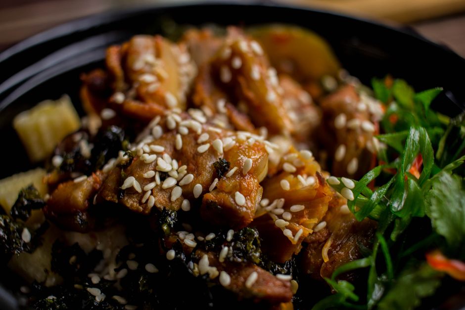 Plated honey garlic chicken thigh