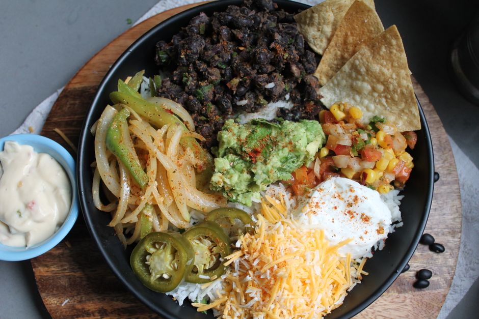 Plated vegetarian burrito bowl recipe