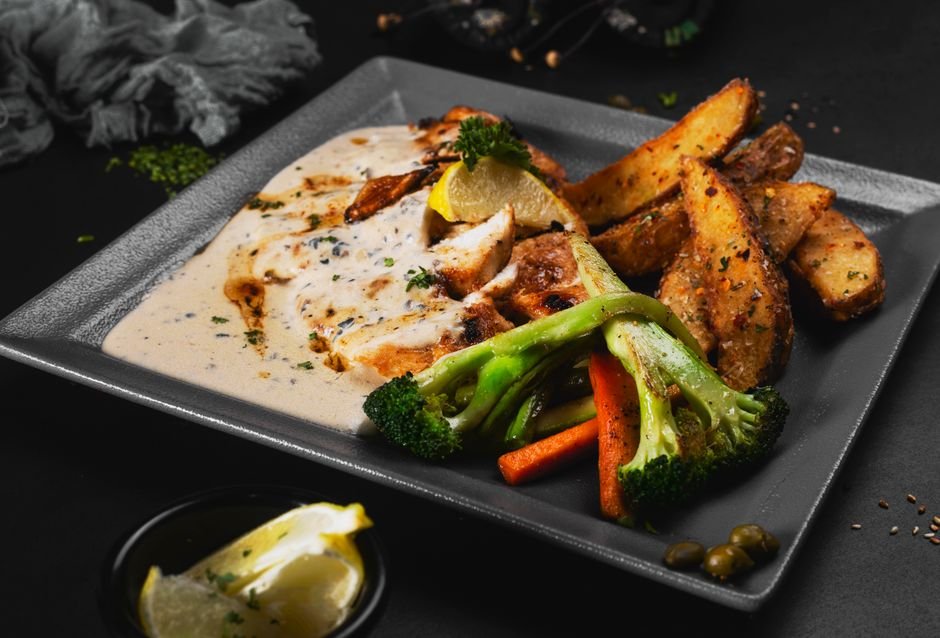 Plated sheet pan garlic butter chicken