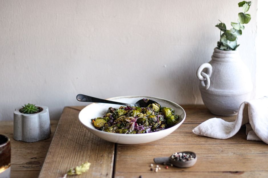 Plated air fryer brussel sprout balsamic