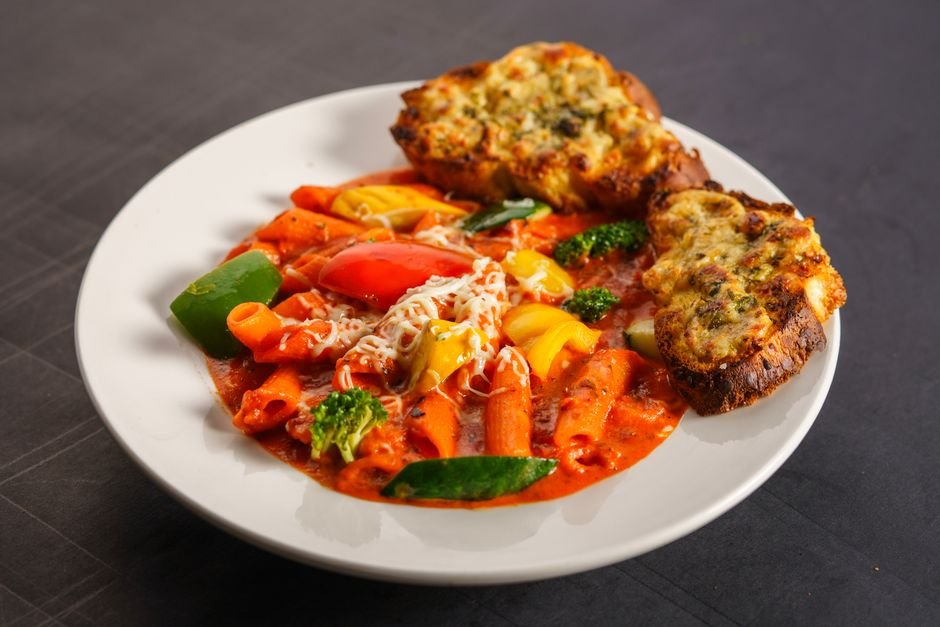Plated vegetarian pasta bake