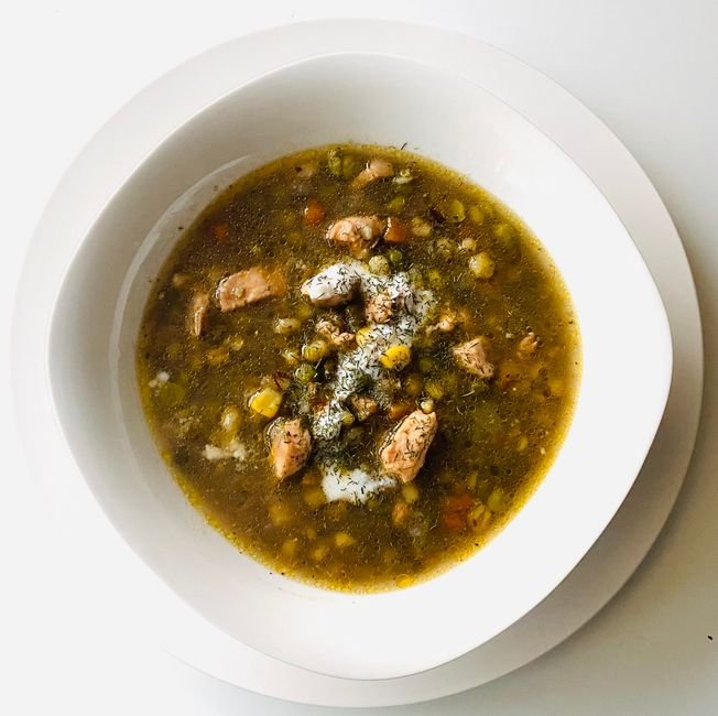 Plated slow cooker chicken rice soup