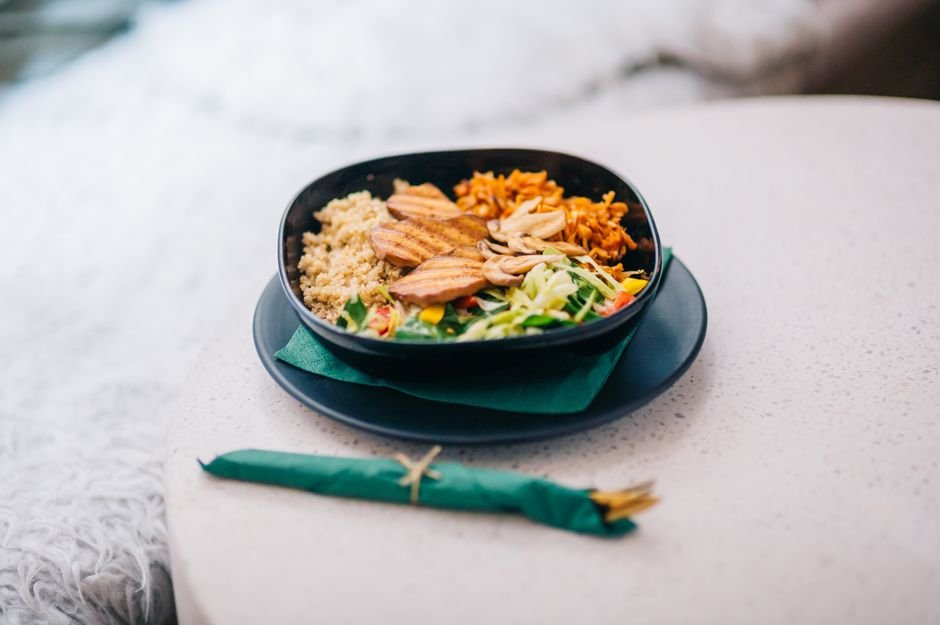 Plated high protein meal prep bowl