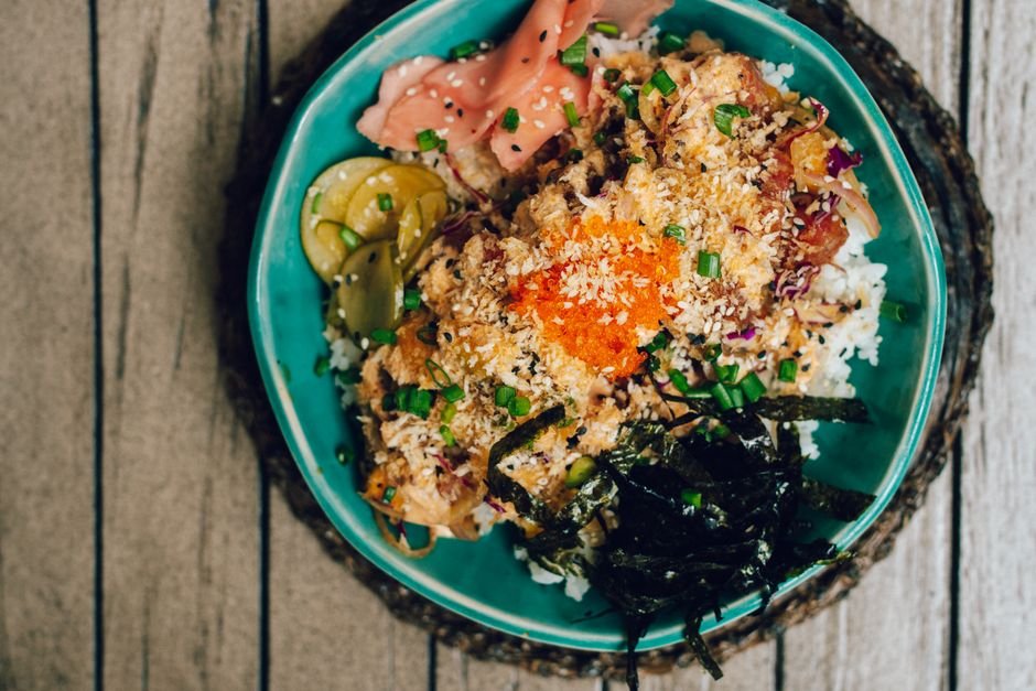 Plated honey garlic salmon bowl