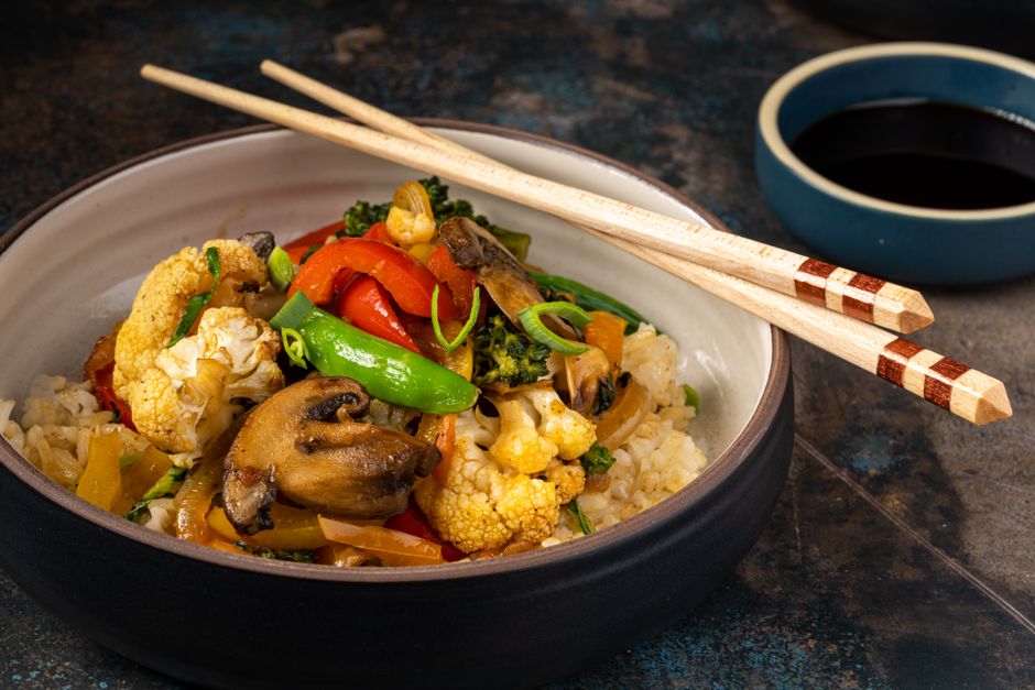 Plated vegetarian stir fry recipe