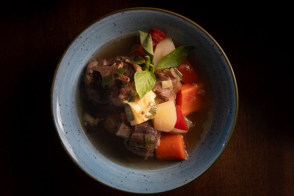 Plated crockpot beef barley soup