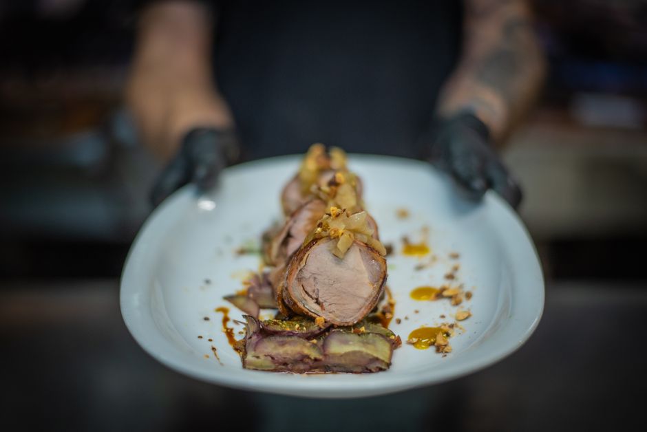 Plated sheet pan pork chop