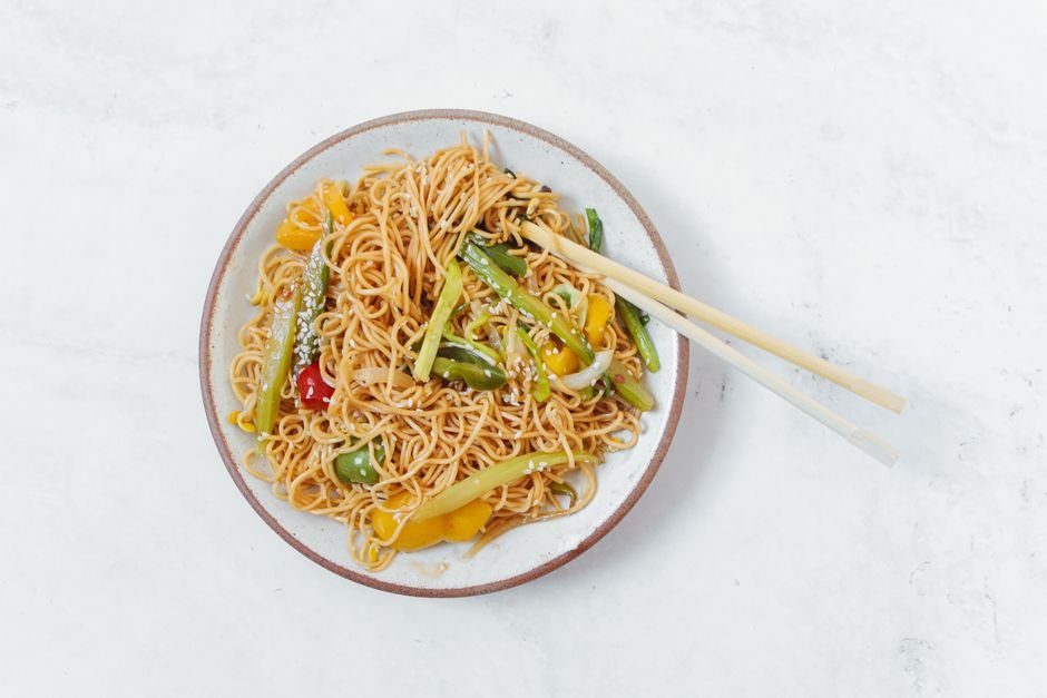 Plated vegetarian stir fry noodle