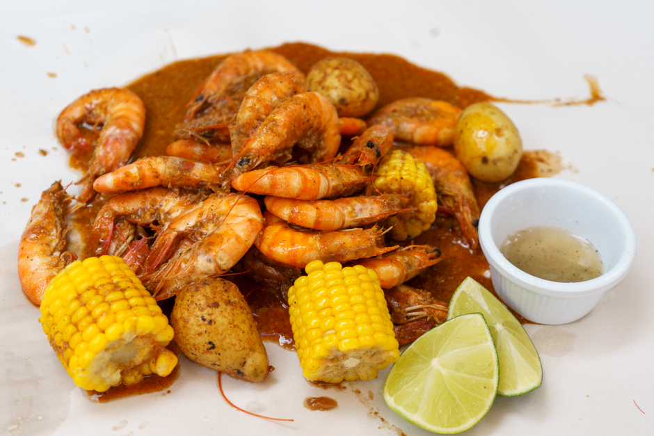 Plated sheet pan shrimp boil