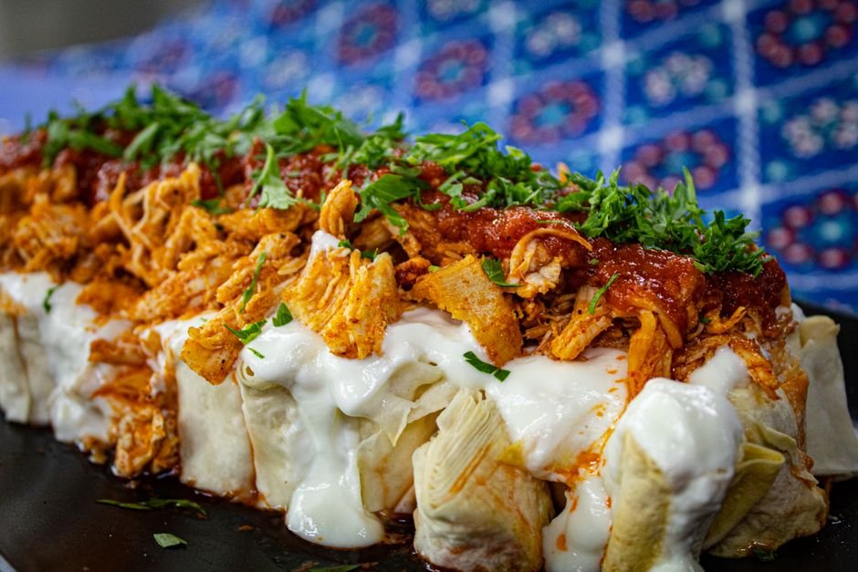 Plated slow cooker chicken enchilada