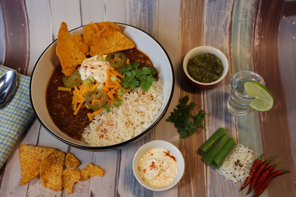 Plated slow cooker vegetarian chili