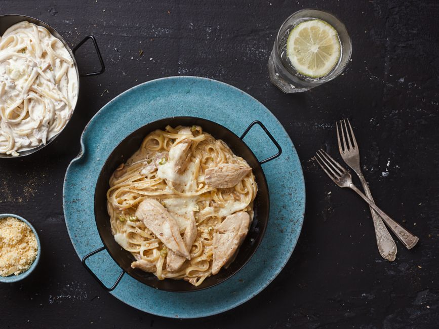 Plated crockpot chicken alfredo
