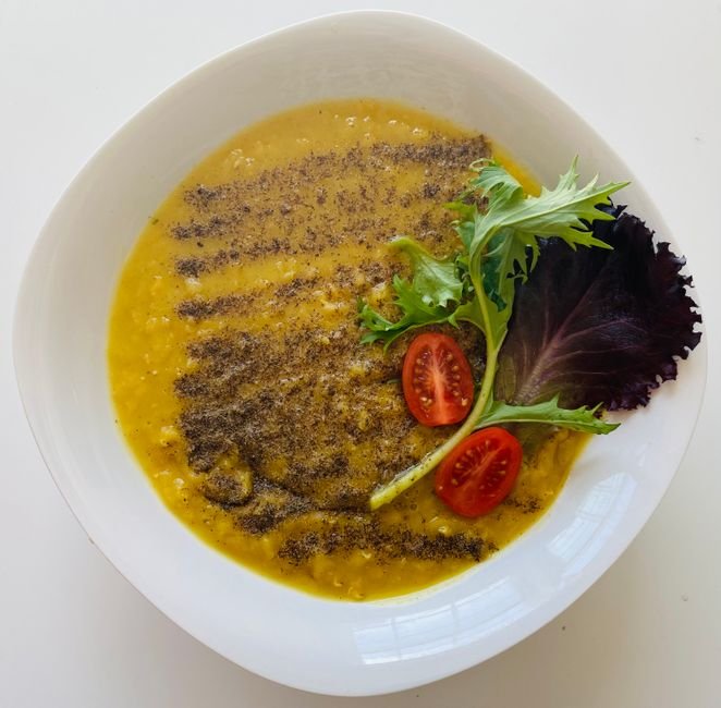 Plated vegan lentil soup recipe